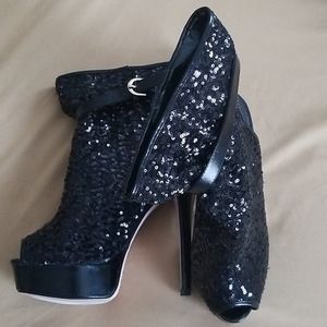 Lauren Larraine black sequin open toe heels